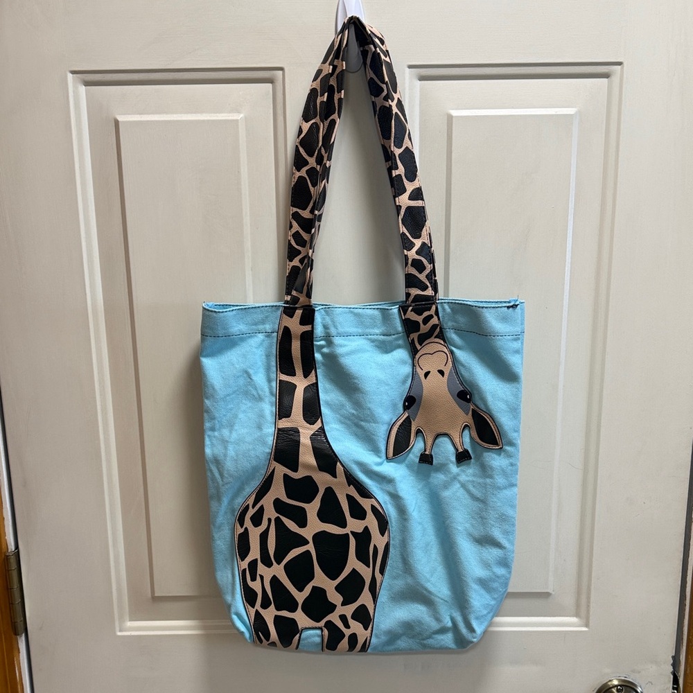 Sleepyville Critters Light Teal Blue Canvas and Faux Leather Giraffe Tote Bag